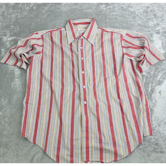 Vintage 60s Arrow Short Sleeve Striped Button Down Shirt Men's Size 17 Red - Picture 1 of 10